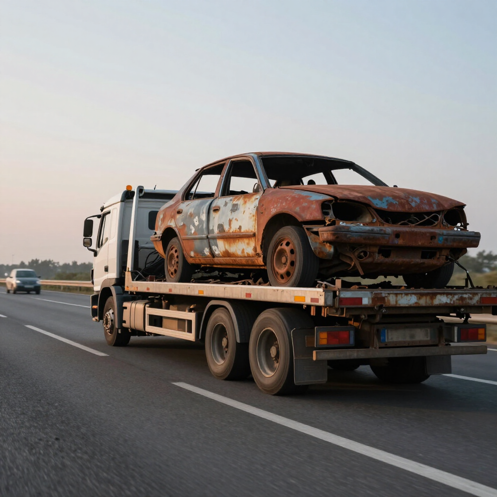 Une voiture argentée endommagée est chargée sur une dépanneuse à l'aide d'une excavatrice, dans une casse.