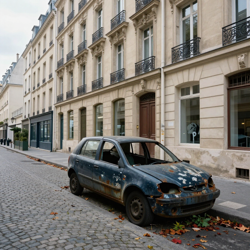 Une dépanneuse soulevant une voiture argentée à l'aide d'une pince métallique ; décor d'une casse automobile.