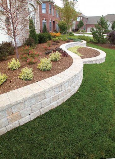 A brick wall surrounds a lush green lawn in front of a house.
