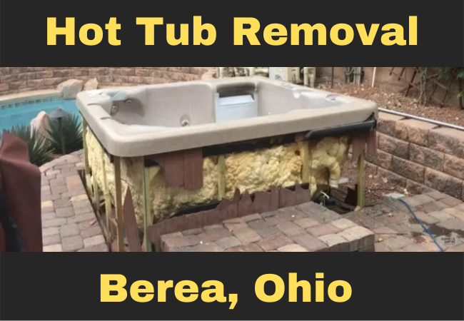hot tub in a backyard that is missing its front panel with text that reads hot tub removal Berea, Ohio