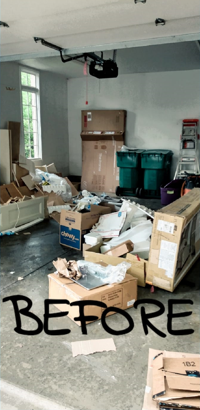 garage cleanout before picture. Garage filled with miscellaneous junk