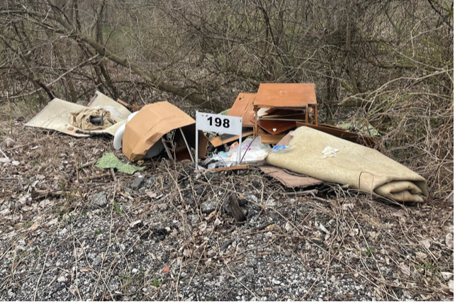 a pile of trash and rolled up carpet on a hill in the woods
