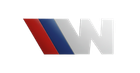 Gestileerd wit W-logo met blauwe en rode diagonale accenten op een lichtgrijze achtergrond.