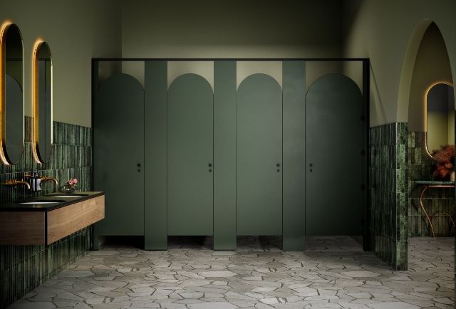 A bathroom with green dividers and a sink. — Viison Kitchens & Joinery Forster In Forster, NSW
