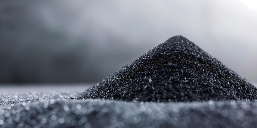 A small pile of dark, granular material, possibly graphite, against a blurred gray background.
