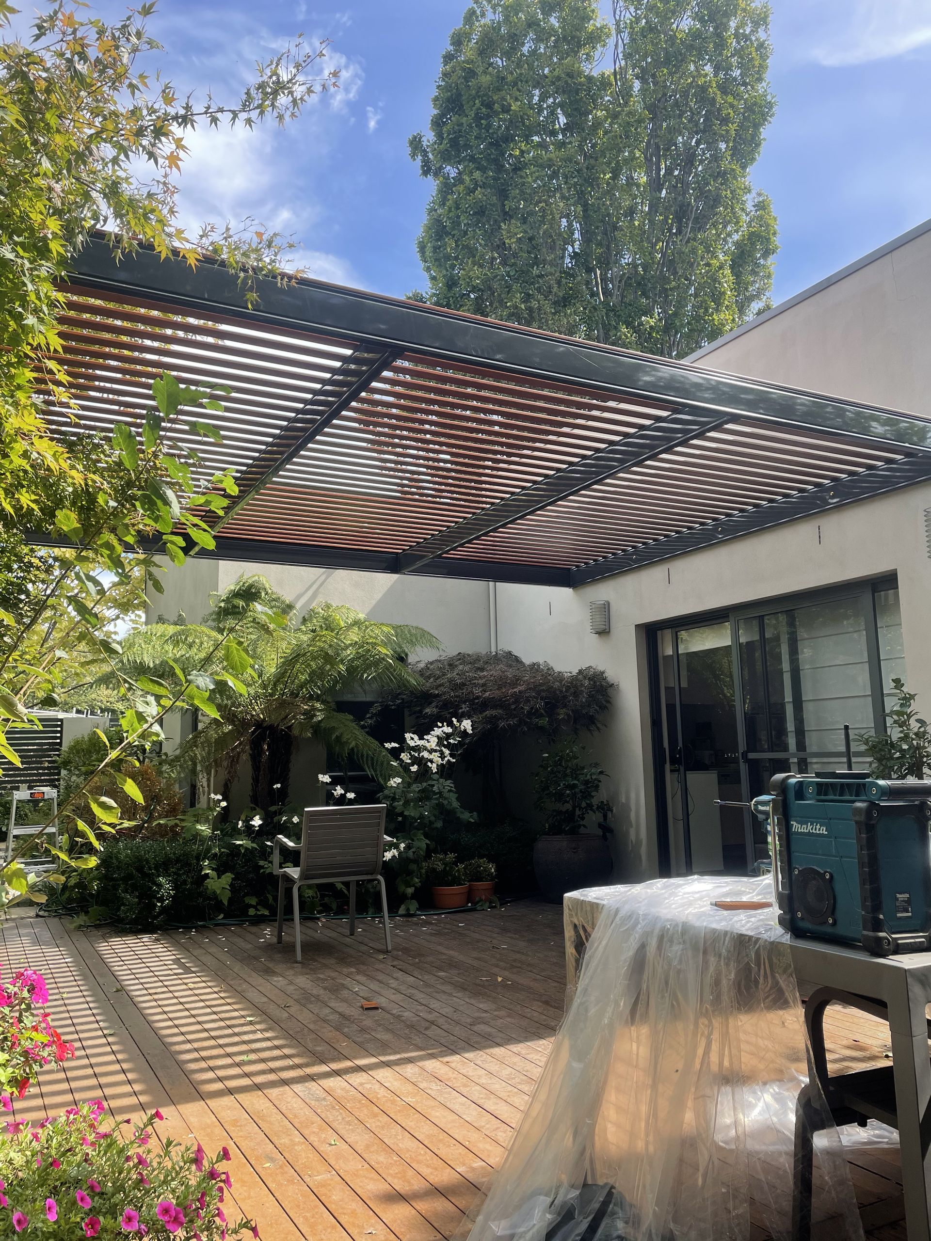 Outdoor patio with wooden pergola, surrounded by plants and a doorway. Sunny day. — Hallam & Sons in Beard, ACT