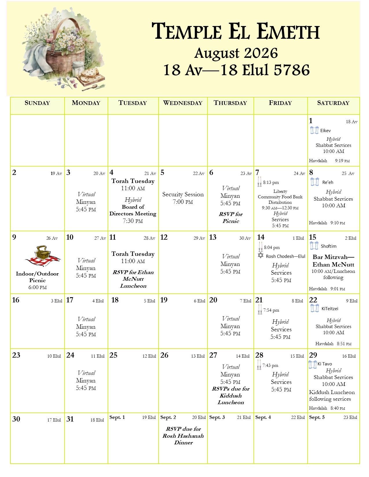 A calendar for Temple El Emeth for  2026
