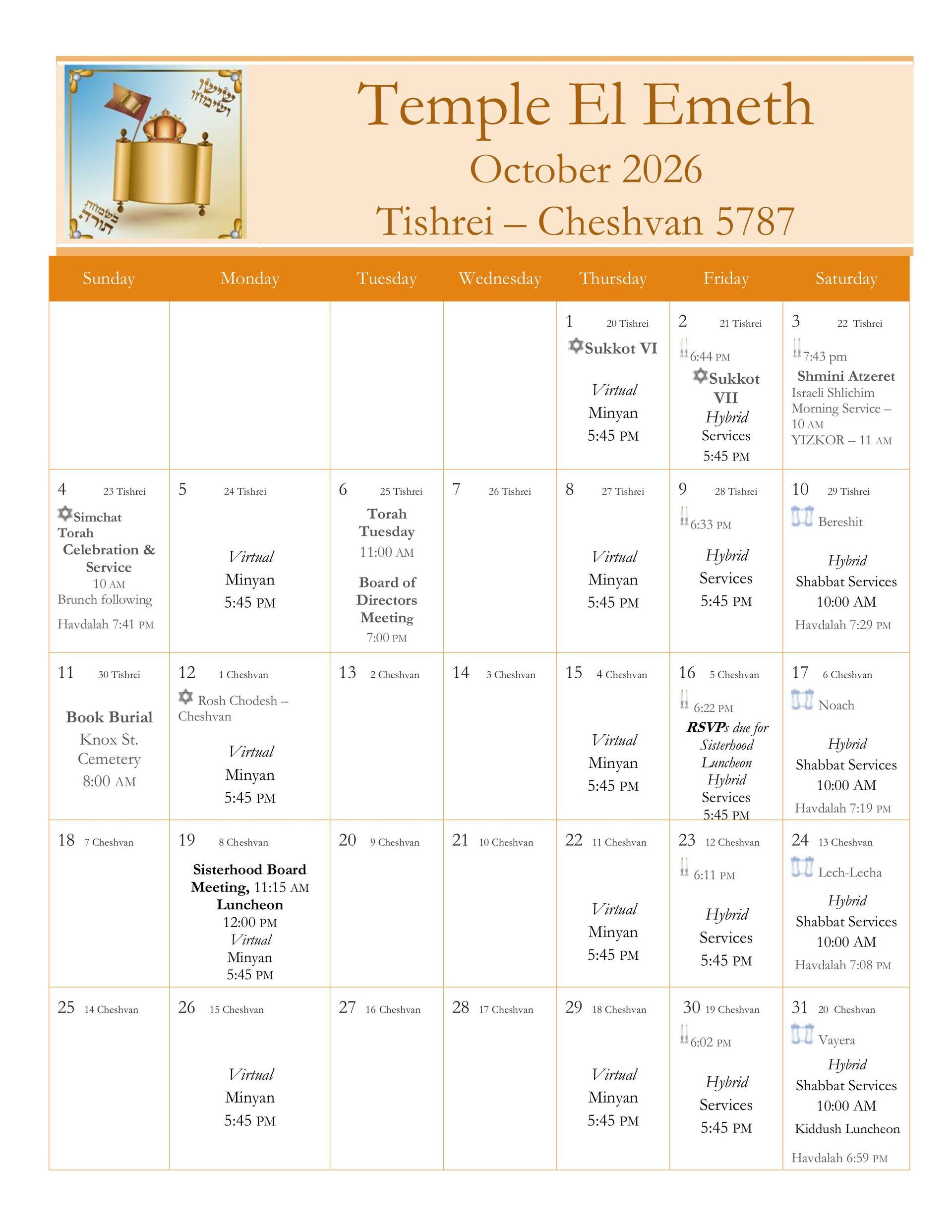 A calendar for Temple El Emeth for  2026