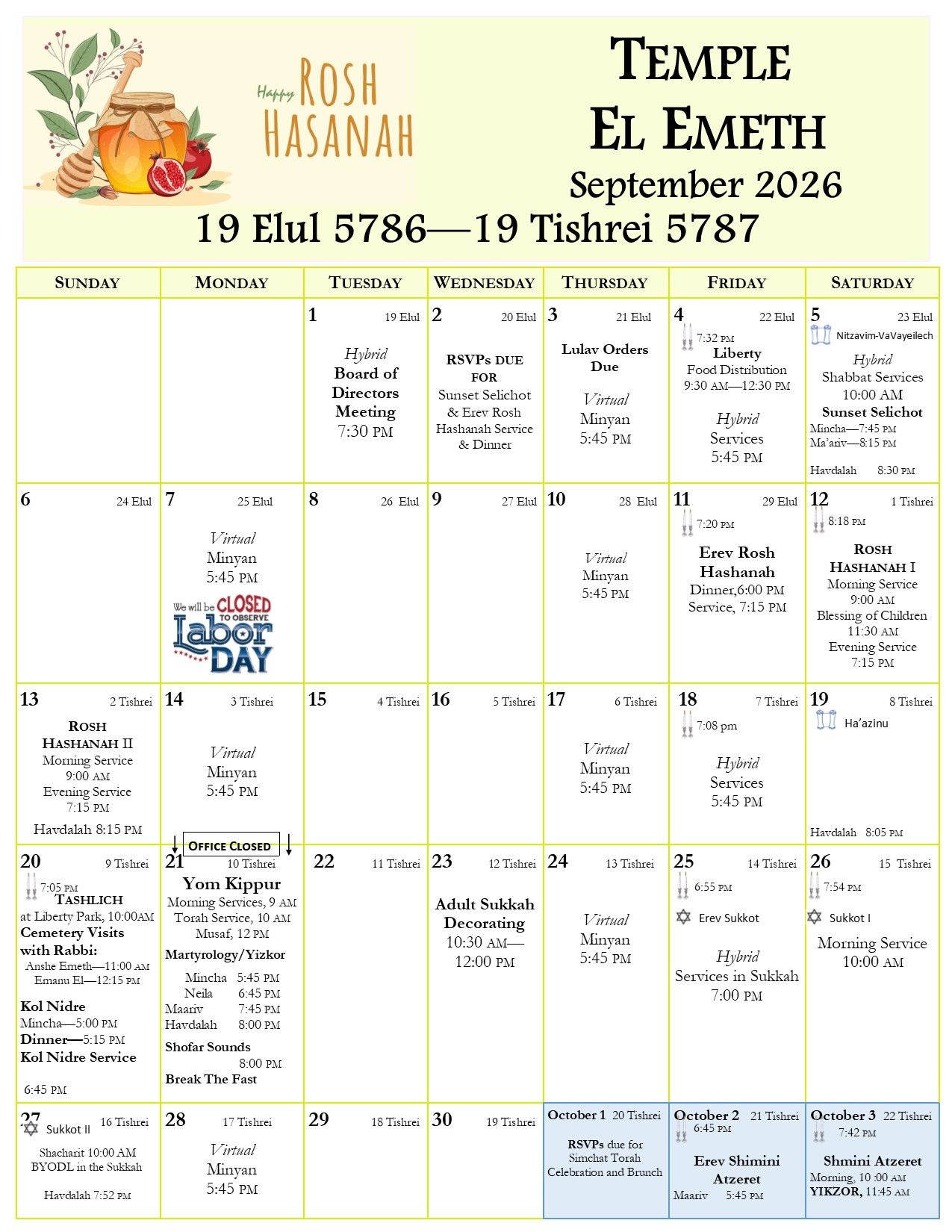 A calendar for Temple El Emeth for  2026