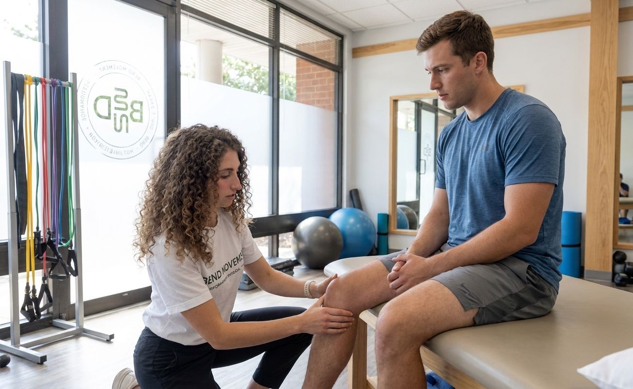Physical therapist stretching a man's knee in a bright clinic with exercise equipment and stability balls