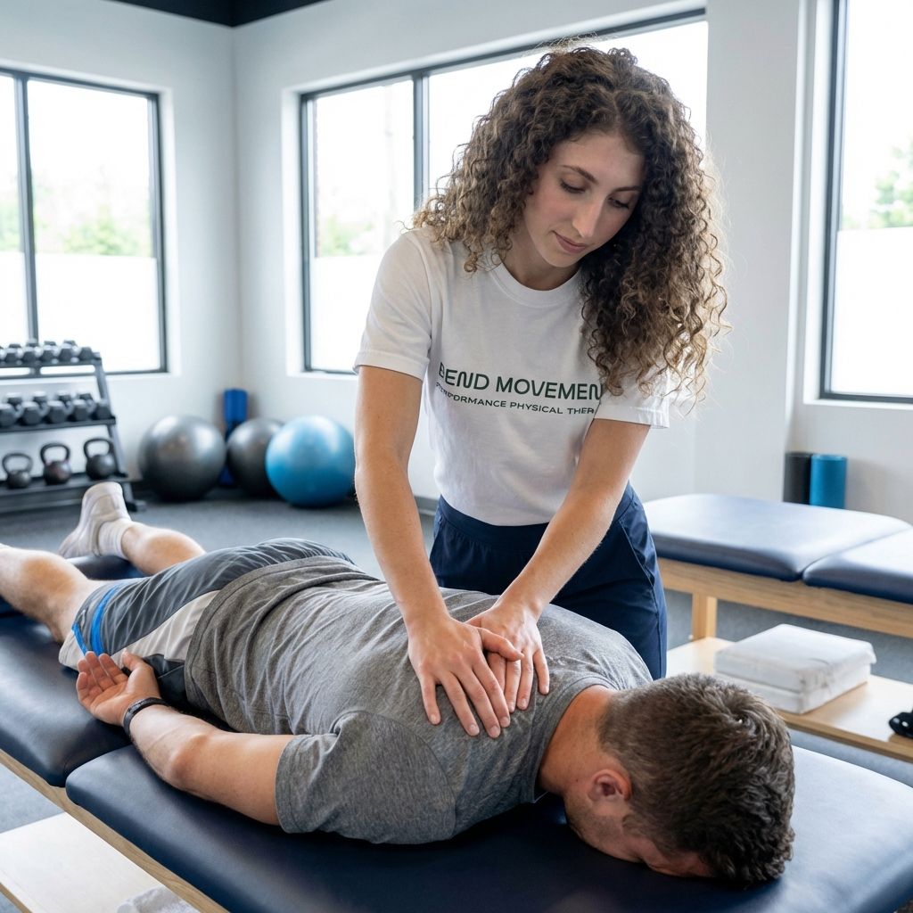 Physical therapist performing back massage on a patient in a bright exercise studio