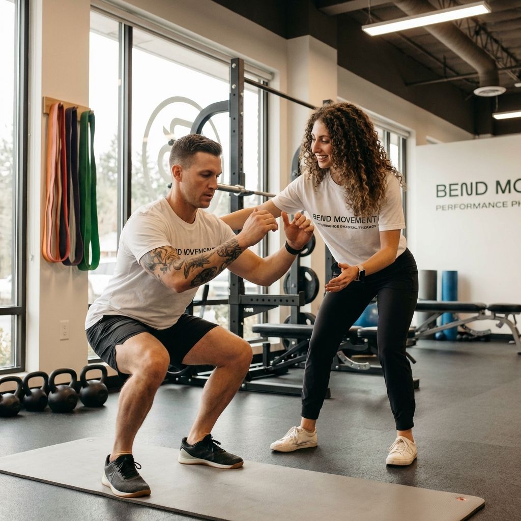 Trainer guiding a client through a squat exercise in a gym, with kettlebells and resistance bands nearby.
