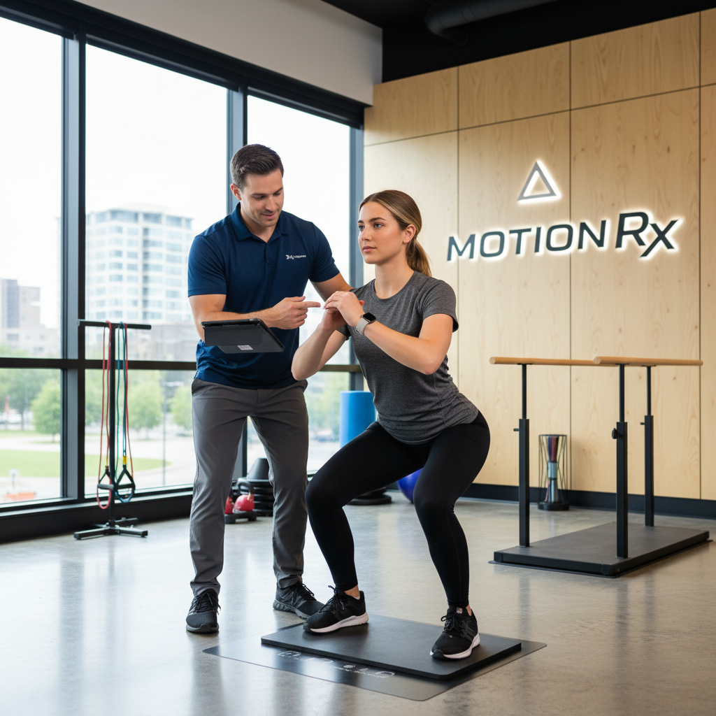 Personal trainer coaching a woman doing a squat in a Motion Rx gym, with large windows and weights nearby