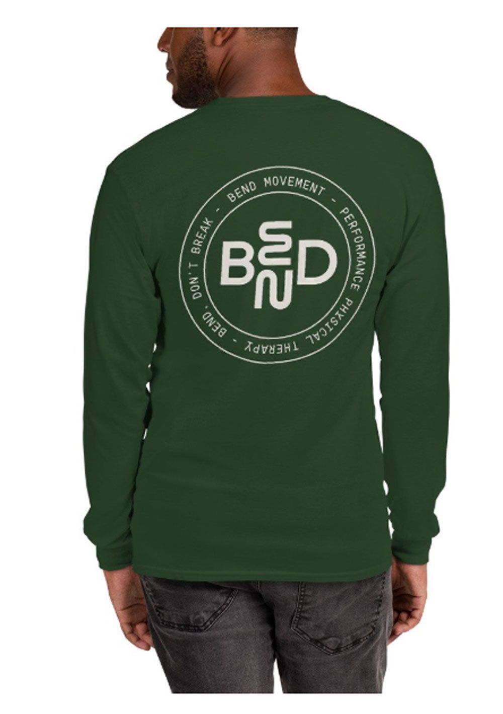 Man wearing dark green long-sleeve shirt with circular white “BUD” logo on the back