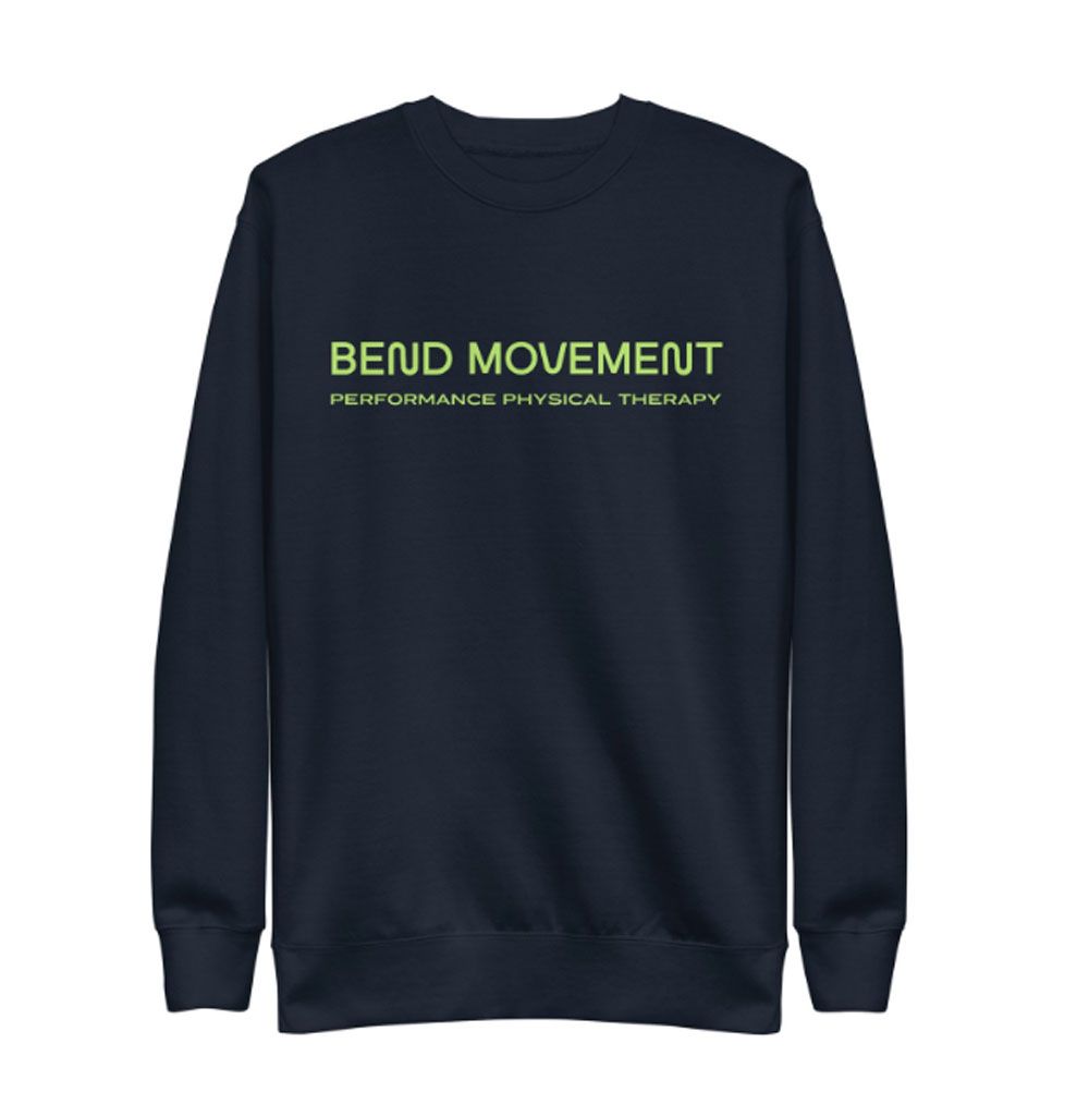 Navy sweatshirt with lime green “BEND MOVEMENT” and smaller “PERFORMANCE PHYSICAL THERAPY” text on chest