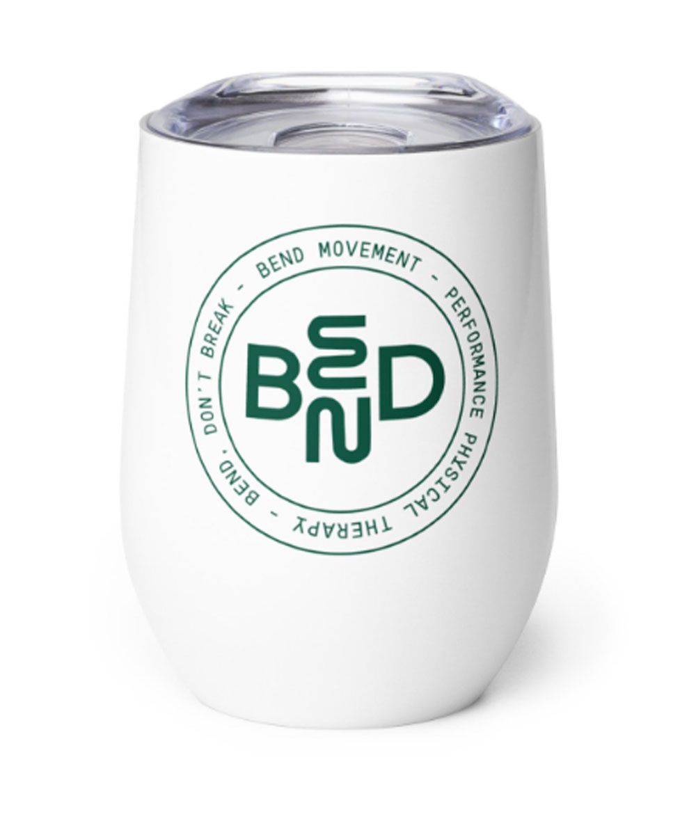 White insulated tumbler with a green circular BEND logo on a white background