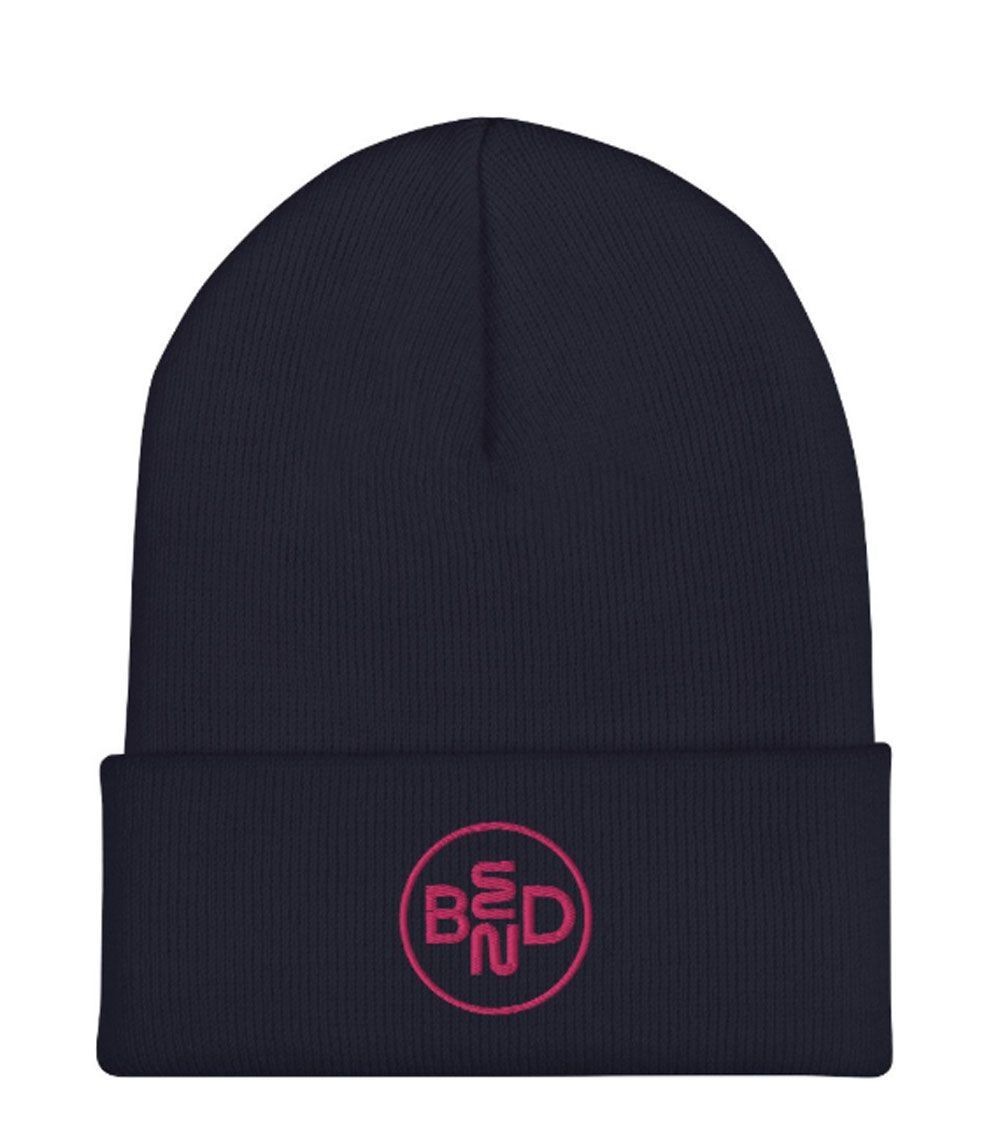 Black knit beanie with a folded cuff and pink circular logo on the front