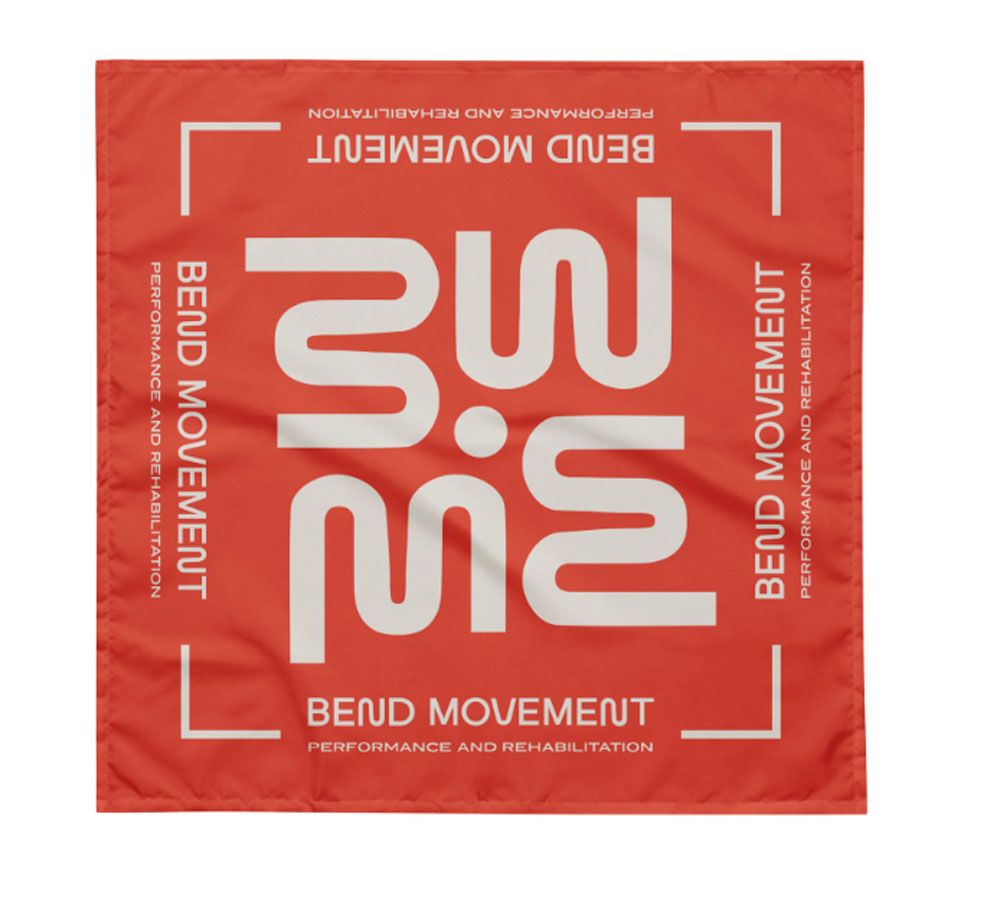 Red square graphic with white abstract logo and the words “BEND MOVEMENT” around the edges