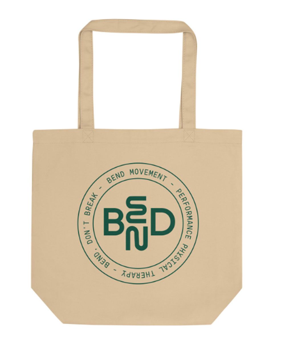 Beige tote bag with a green circular BUD logo and text printed on the front