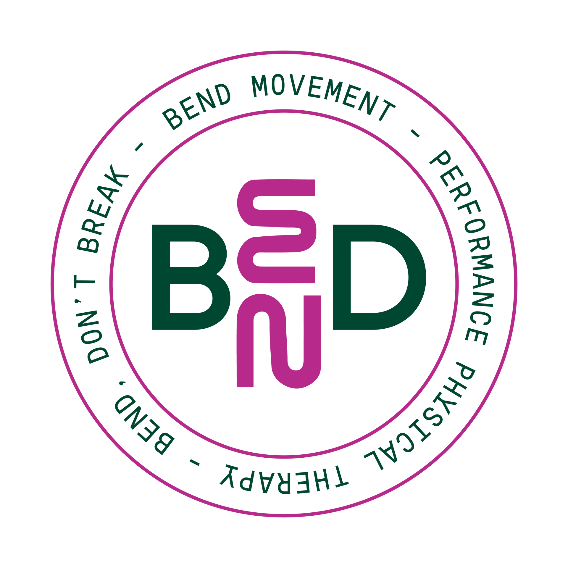 BeND logo with magenta and green lettering, surrounded by a circular phrase about bend movement and therapy.