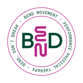 BeND logo with magenta and green lettering, surrounded by a circular phrase about bend movement and therapy.