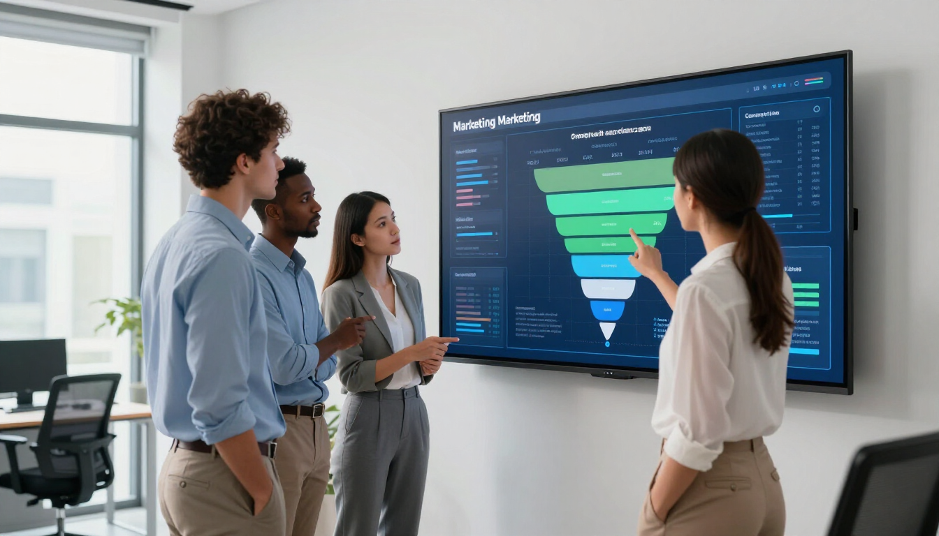 photorealistic professional team analyzing digital marketing funnel on large screen modern bright office