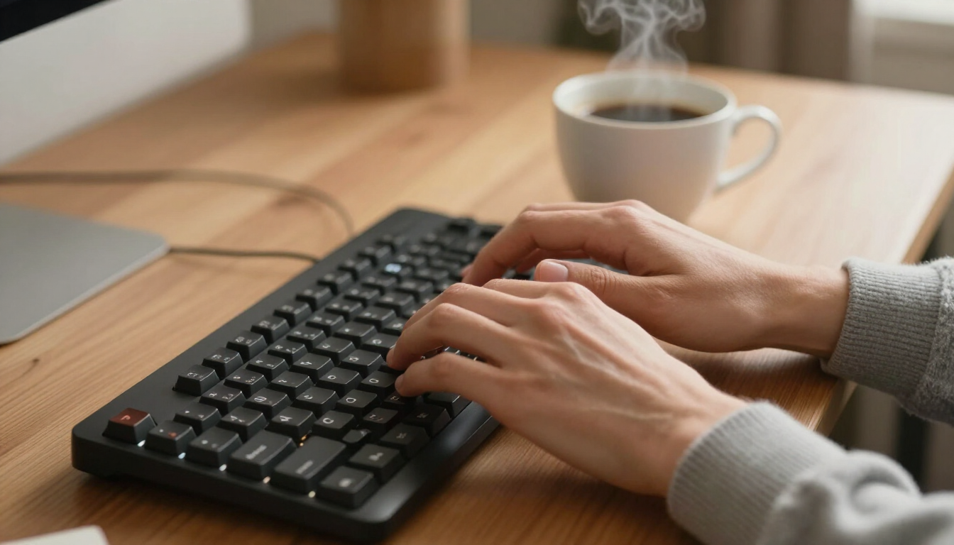photorealistic close up hand typing on keyboard with cup of coffee beside it warm lighting cozy workplace