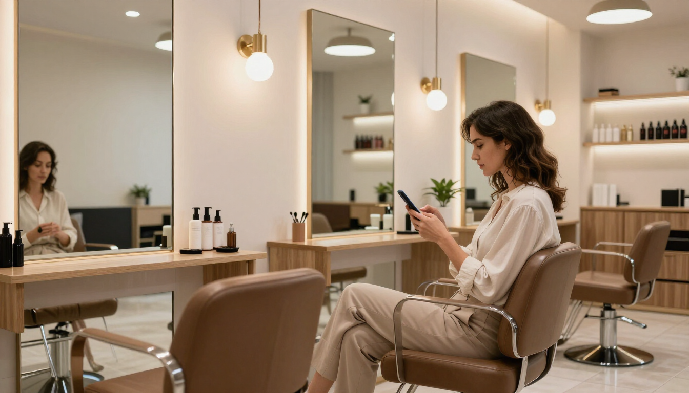Modern professional salon interior with client using smartphone to book appointment