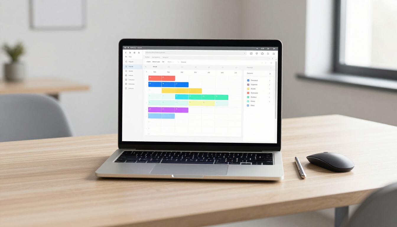 Modern office desk setup with laptop showing an organized digital calendar