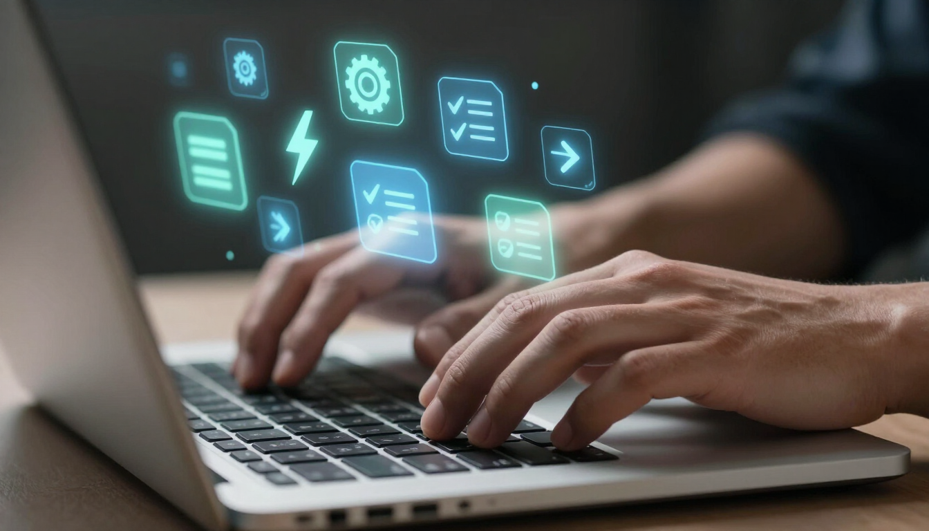 Hands Typing with Tech Icons