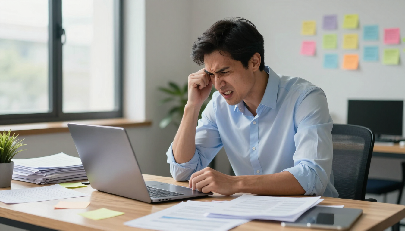 Stressed small business owner looking at laptop