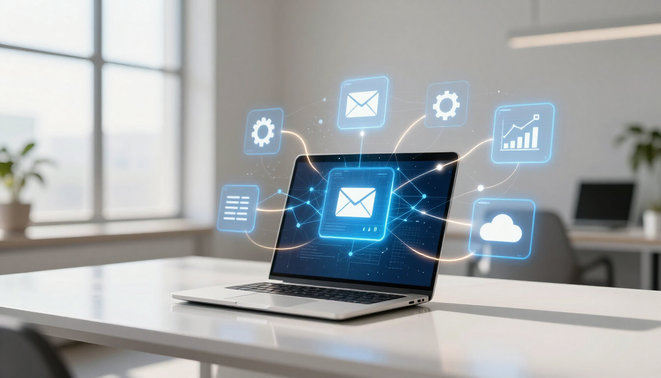Digital business workflow automation concept with glowing icons on a laptop screen in a modern office.