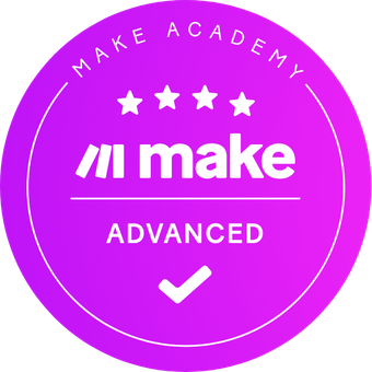 Purple Make Academy Advanced badge with white text and checkmark.