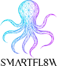 Geometric octopus in blue and purple, above