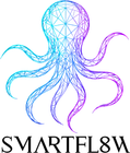 Geometric octopus in blue and purple, above