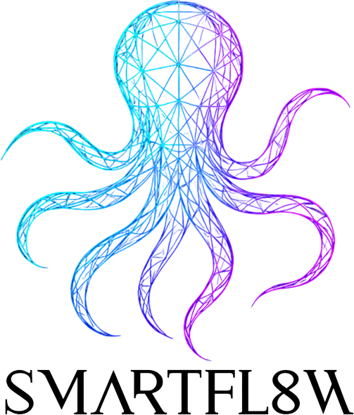 Geometric octopus in blue and purple, above 
