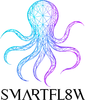 Geometric octopus in blue and purple, above 