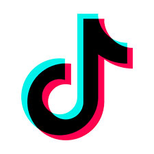 TikTok logo: Black musical note silhouette with cyan and red outlines.