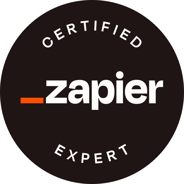 Black circle with white text: "CERTIFIED", "zapier", and "EXPERT". Orange line below "zapier".