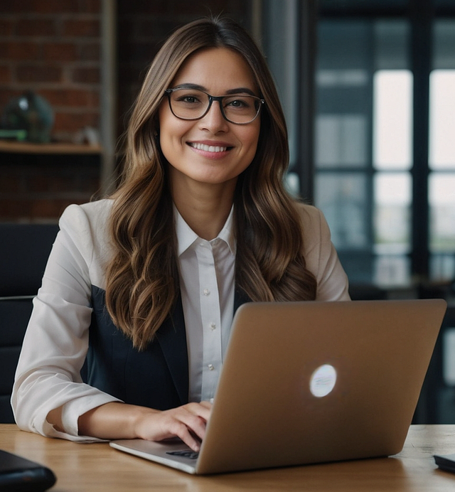 Woman with glasses smiles at the camera while working on a laptop at a desk.