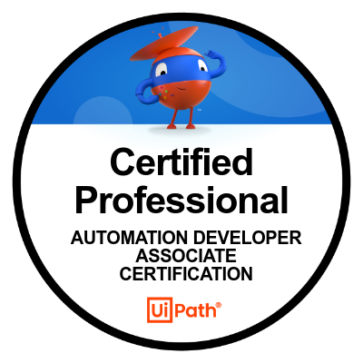 UiPath Certified Automation Developer Associate badge with blue, white, and orange character.