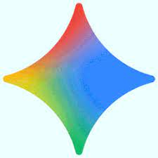 A multicolored diamond shape with a gradient of yellow, green, and blue on a light blue background.