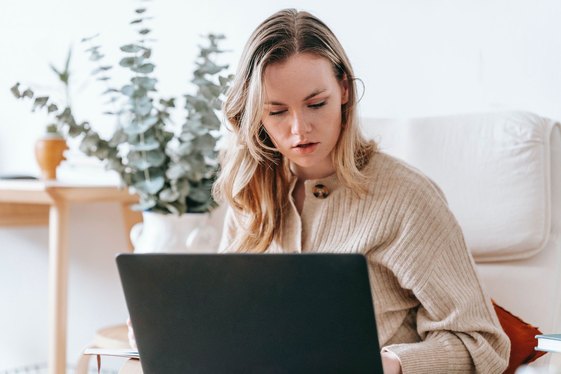 Woman looking at laptop, indoors. Light-colored sweater, focused expression, near eucalyptus branches in vase.