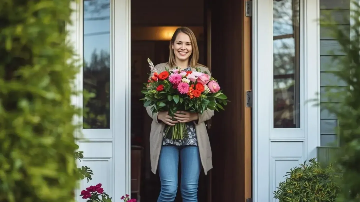 Woman smiling, holding large bouquet of pink and red flowers at open doorway.