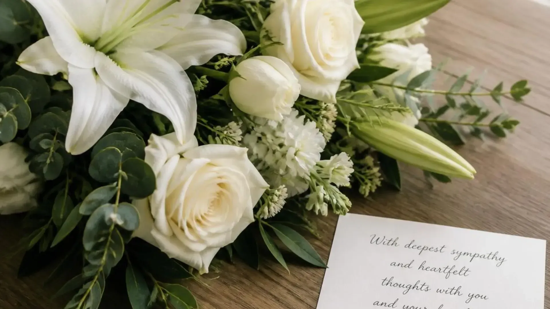White roses and lilies bouquet beside a handwritten wedding note on a wooden table