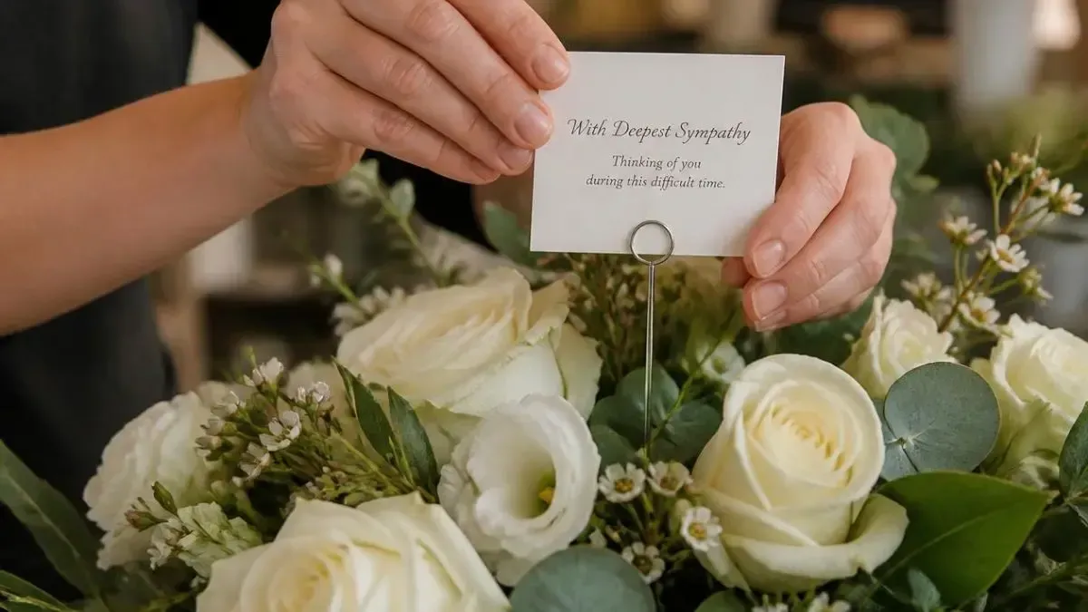 Hands placing a card into a white-and-green floral arrangement of roses and greenery.