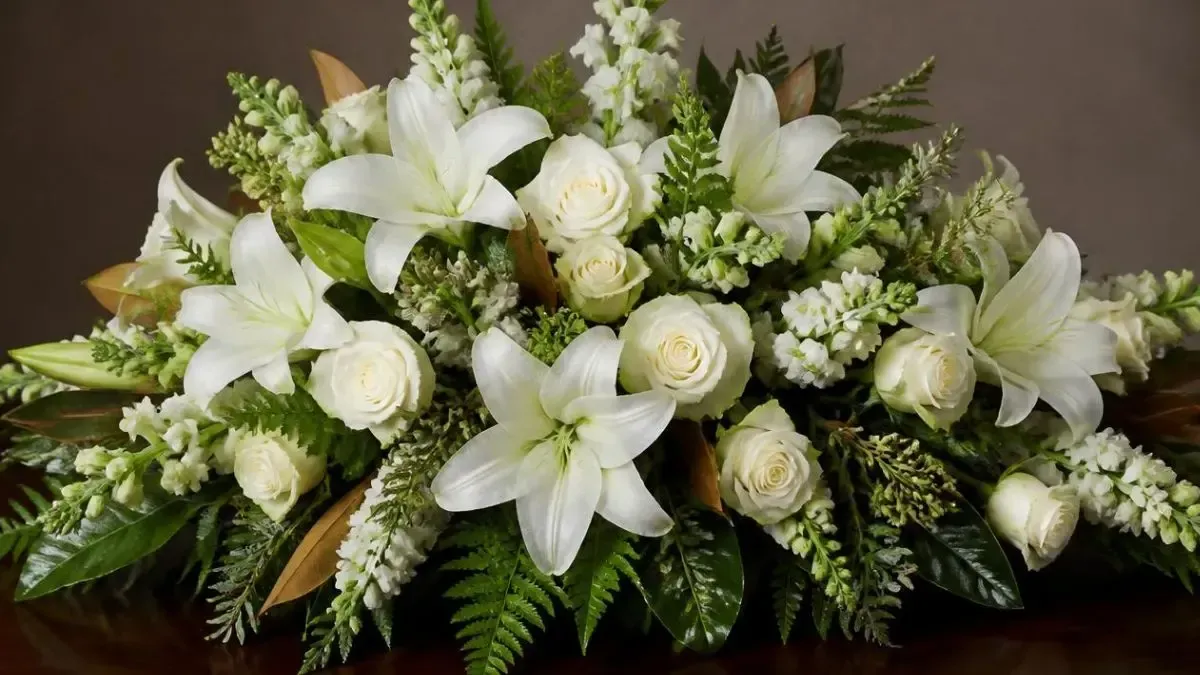 White lilies and cream roses arranged in a lush green floral centerpiece on a dark surface