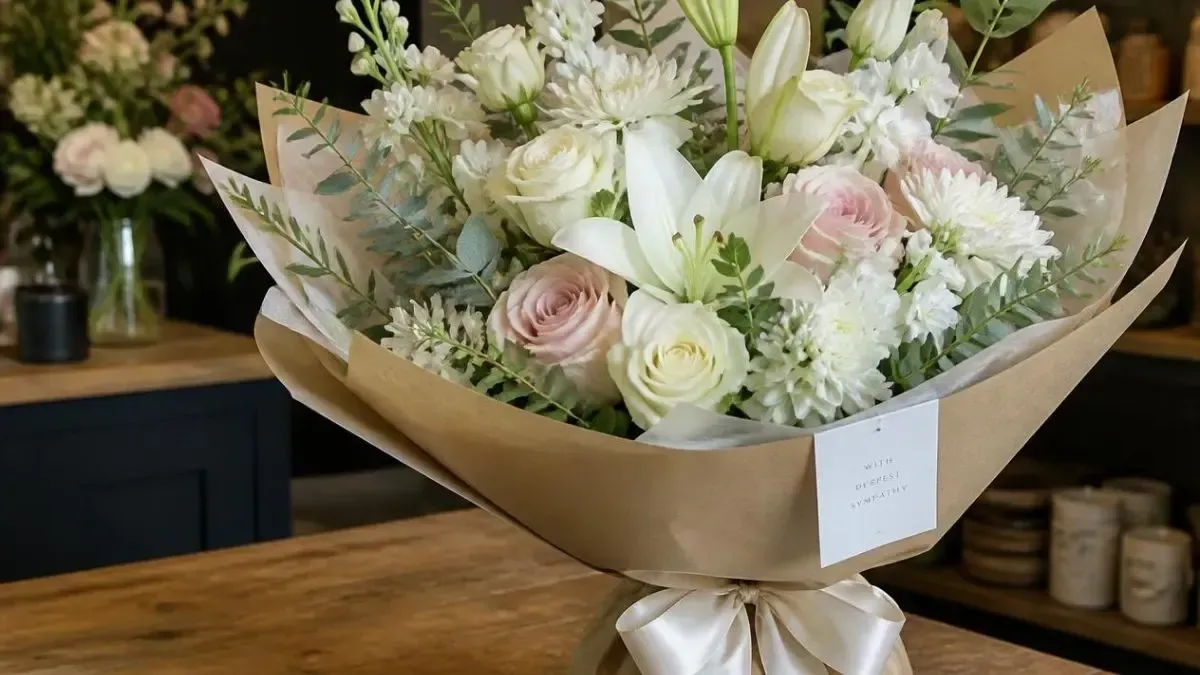 Pastel white and pink flower bouquet wrapped in brown paper on a wooden table