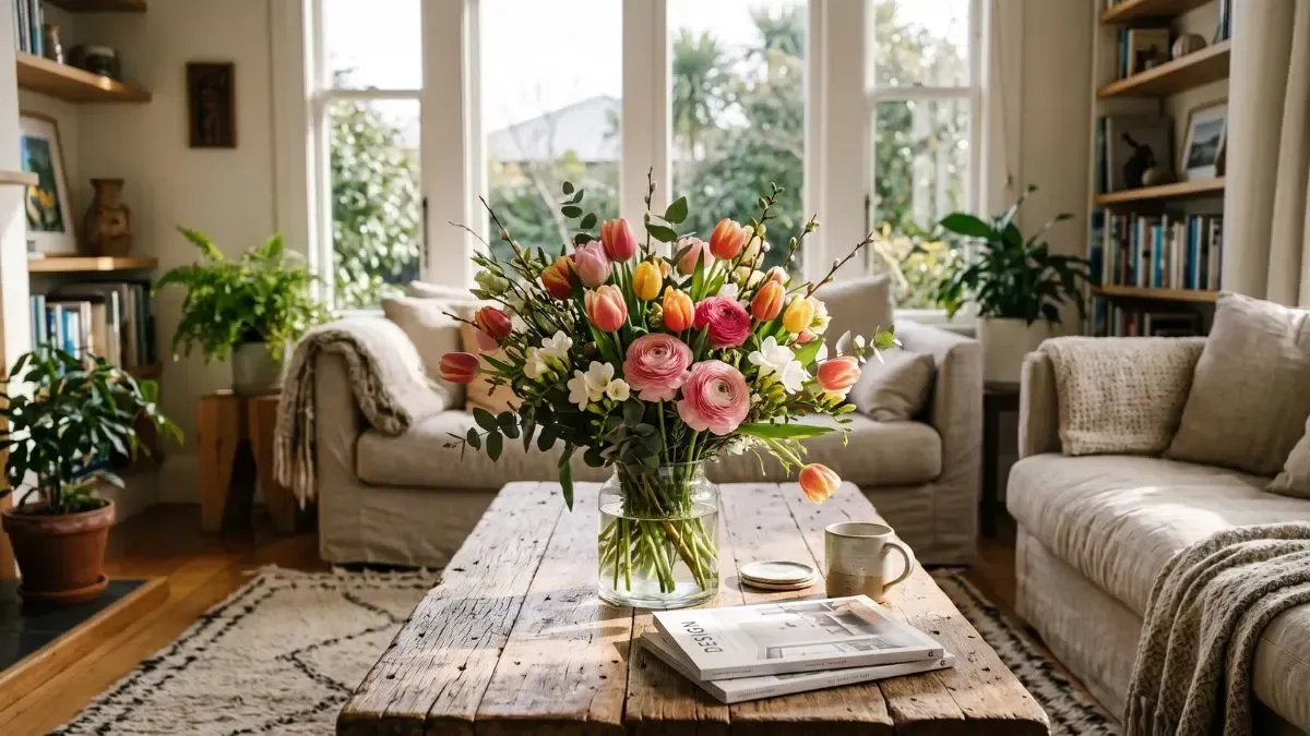 a bouquet of pink and white flowers with green leaves
