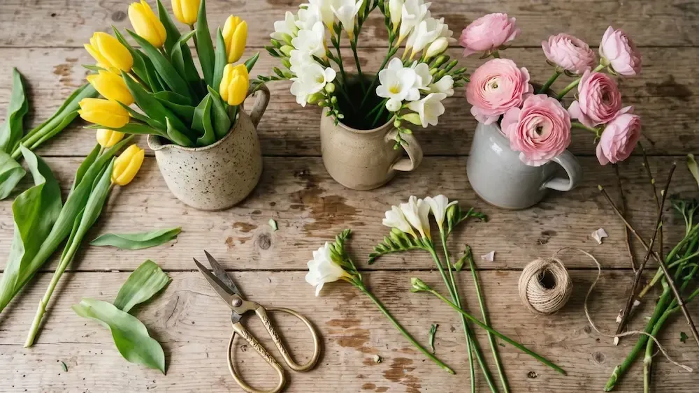 Bouquet-making workspace with tulips and ranunculus in vases, scissors, twine, and stems on a rustic table